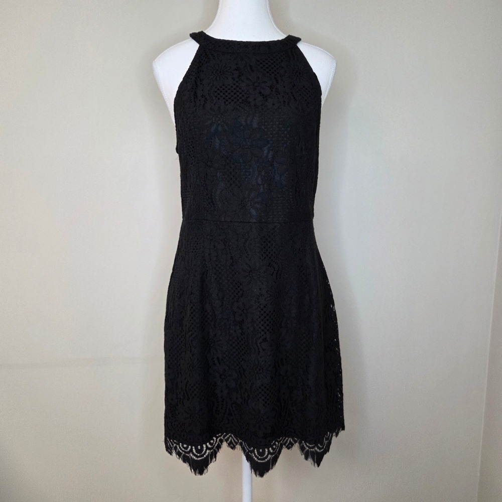 Entro Black Floral Lace Halter Mini Dress Scalloped Eyelash Hem Womens‎ L